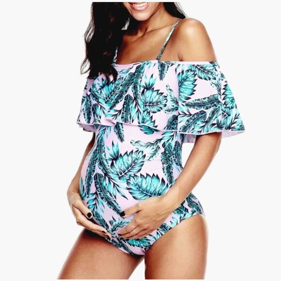 NWT Summer Mae's Maternity One Shoulder Flounce One Piece Bathing Suit Small - Picture 2 of 13
